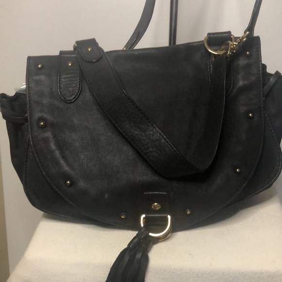 SEE BY CHLOE “COLLINS” Black Leather Saddlebag. Gold studs & leather tassels. - Picture 9 of 15